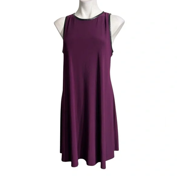 Lauren Ralph Lauren dress 14 Purple A-Line faux leather trim knee length office - Picture 2 of 6